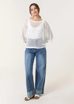 Blue Vanilla White Round Neck Net Top