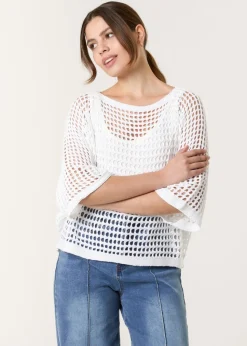 Blue Vanilla White Round Neck Net Top