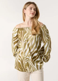 Blue Vanilla White Zebra Satin Ruched Bardot Top