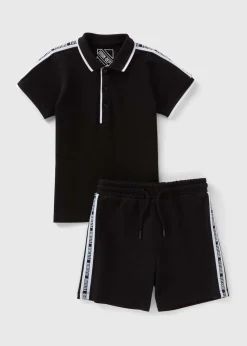 Boys Black Taped Polo & Shorts Set (7-15yrs)