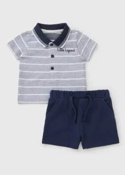 Boys Navy Striped Polo T-Shirt & Shorts Set (Newborn-23mths)