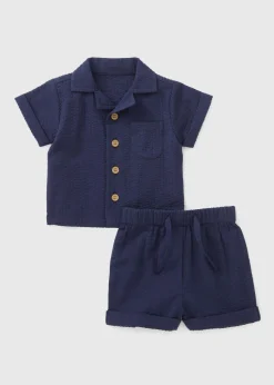 Boys Navy Woven Shirt & Shorts Set (Newborn-23mths)