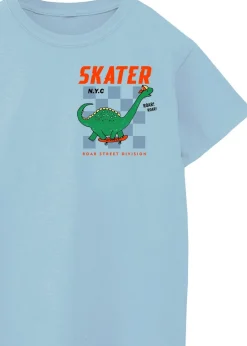 Brands In Dinosaur Skater Kids Light Blue T-Shirt (3-13 Years)