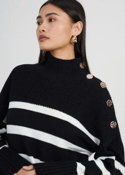 Brave Soul Black Button Detail Striped Turtleneck Jumper
