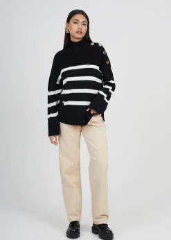 Brave Soul Black Button Detail Striped Turtleneck Jumper