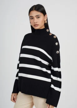 Brave Soul Black Button Detail Striped Turtleneck Jumper