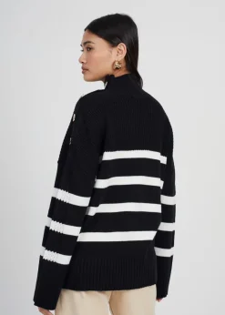Brave Soul Black Button Detail Striped Turtleneck Jumper