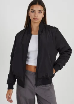 Brave Soul Black Ruched Sleeve Oversized Bomber Jacket
