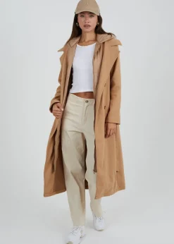 Brave Soul Camel Faux Wool Maxi Hooded Trench Coat