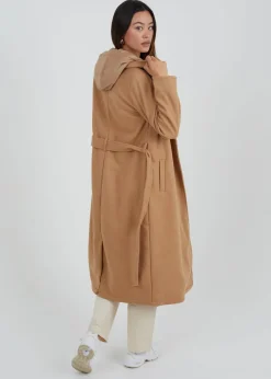Brave Soul Camel Faux Wool Maxi Hooded Trench Coat