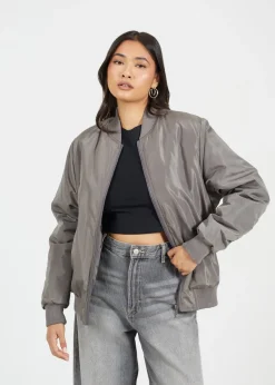 Brave Soul Charcoal Ruched Sleeve Oversized Bomber Jacket