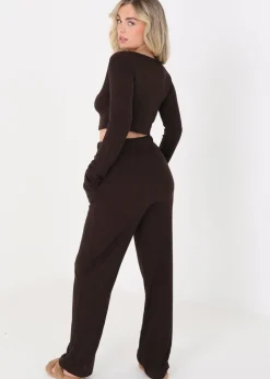 Brave Soul Chocolate Cropped Long Sleeve & Wide Leg Lounge Set