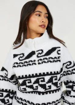 Brave Soul Cream Quarter Zip Printed  Sherpa Fleece