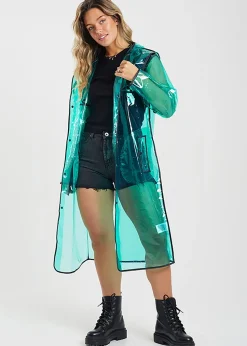 Brave Soul green Hooded Longline Rain Mac With Contrasting Binding