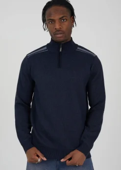 Brave Soul Navy Quarter Zip Funnel Neck Rib Knit Jumper with Stripe Detail