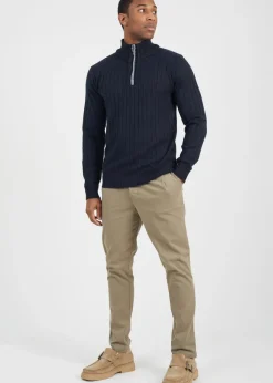 Brave Soul Navy Quarter Zip Funnel Neck Rib Knit Jumper