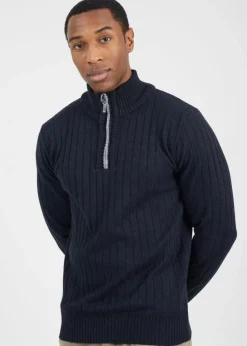 Brave Soul Navy Quarter Zip Funnel Neck Rib Knit Jumper