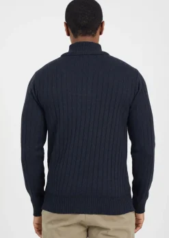 Brave Soul Navy Quarter Zip Funnel Neck Rib Knit Jumper