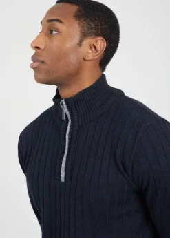 Brave Soul Navy Quarter Zip Funnel Neck Rib Knit Jumper