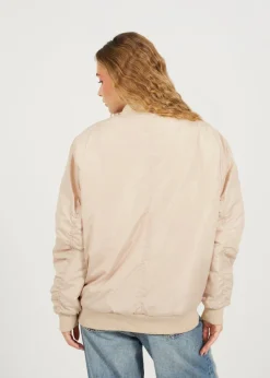 Brave Soul Stone Ruched Sleeve Oversized Bomber Jacket