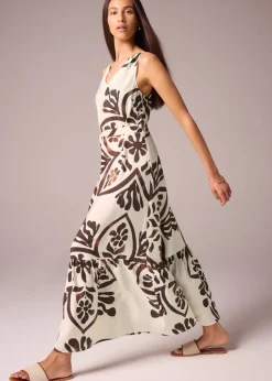 Brown Abstract Leaf Pattern Tie Waist Maxi Dress
