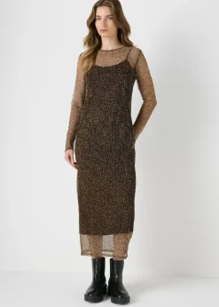 Brown Animal Plisse Midi Dress