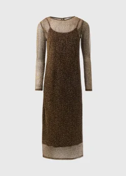 Brown Animal Plisse Midi Dress