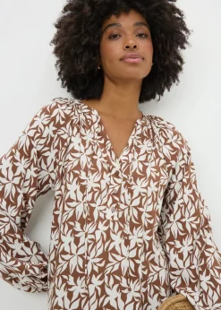 Brown Leaf Print Tunic Midaxi Dress
