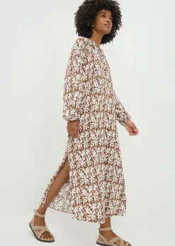 Brown Leaf Print Tunic Midaxi Dress