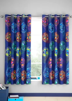 Catherine Lansfield Bright Blue Football Fully Reversible Eyelet Curtains