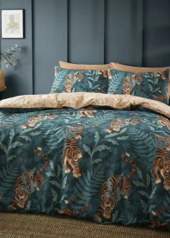 Catherine Lansfield Green Tropic Tiger Leaf Reversible Duvet Cover Set with Pillowcases
