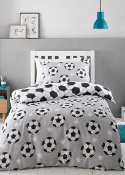 Catherine Lansfield Grey Brushed Cotton Football Stars Reversible Duvet Cover Set
