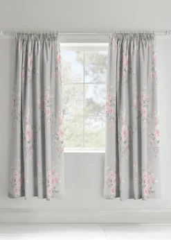 Catherine Lansfield Grey Canterbury Floral Lined Pencil Pleat Curtains Two Panels