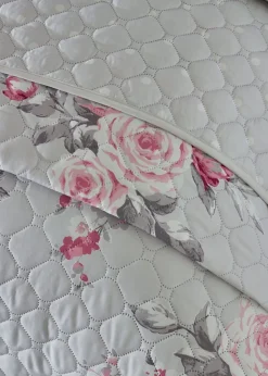 Catherine Lansfield Grey Canterbury Floral Reversible Quilted Bedspread