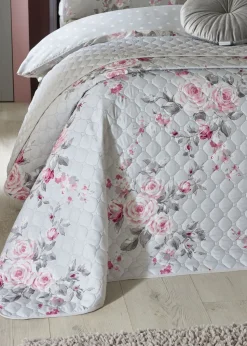 Catherine Lansfield Grey Canterbury Floral Reversible Quilted Bedspread