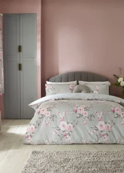 Catherine Lansfield Grey Canterbury Floral Reversible Duvet Cover Set with Pillowcases