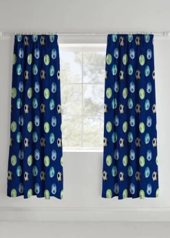 Catherine Lansfield Kids Football Lined Pencil Pleat Blue Curtains