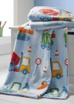 Catherine Lansfield Kids Digger Dreams Cosy Blue Fleece Blanket Throw
