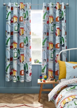 Catherine Lansfield Kids Blue Digger Dreams Fully Reversible Eyelet Curtains
