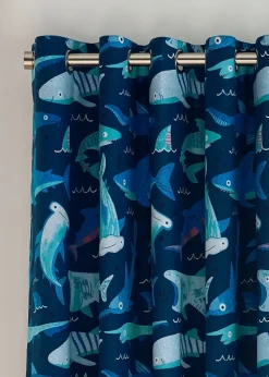 Catherine Lansfield Kids Blue Jawsome Shark Fully Reversible Eyelet Curtains