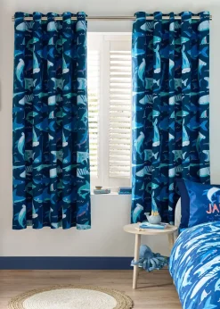 Catherine Lansfield Kids Blue Jawsome Shark Fully Reversible Eyelet Curtains