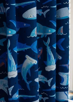 Catherine Lansfield Kids Blue Jawsome Shark Fully Reversible Eyelet Curtains