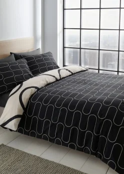 Catherine Lansfield Linear Curve Geometric Black Reversible Duvet Cover Set