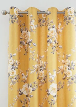 Catherine Lansfield Ochre Yellow Canterbury Floral Lined Eyelet Curtains Two Panels