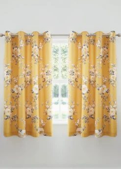 Catherine Lansfield Ochre Yellow Canterbury Floral Lined Eyelet Curtains Two Panels