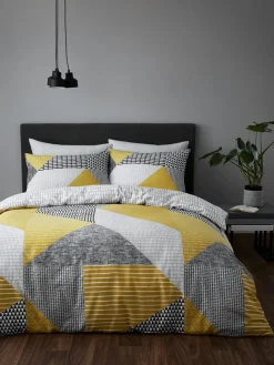 Catherine Lansfield Ochre Yellow Larsson Geo Reversible Duvet Cover Set with Pillowcases