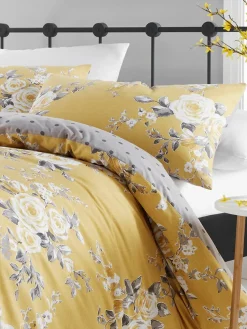Catherine Lansfield Ochre Yellow Canterbury Floral Reversible Duvet Cover Set with Pillowcases