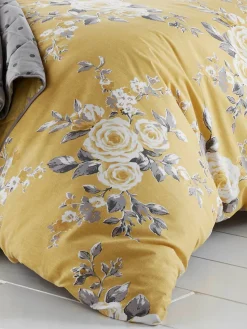 Catherine Lansfield Ochre Yellow Canterbury Floral Reversible Duvet Cover Set with Pillowcases