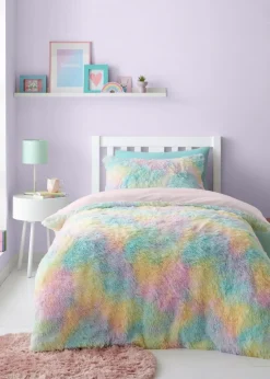 Catherine Lansfield Rainbow Cuddly Deep Pile Faux Fur Duvet Cover Set