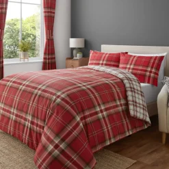 Catherine Lansfield Red Kelso Check Lined Pencil Pleat Curtains Two Panels